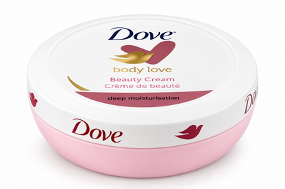 Dove Body Love Beauty Cream 75ml in a round pastel pink jar with a glossy white lid, Dove logo, gold and burgundy bird emblem, and Beauty Cream label, photographed against a clean white background.