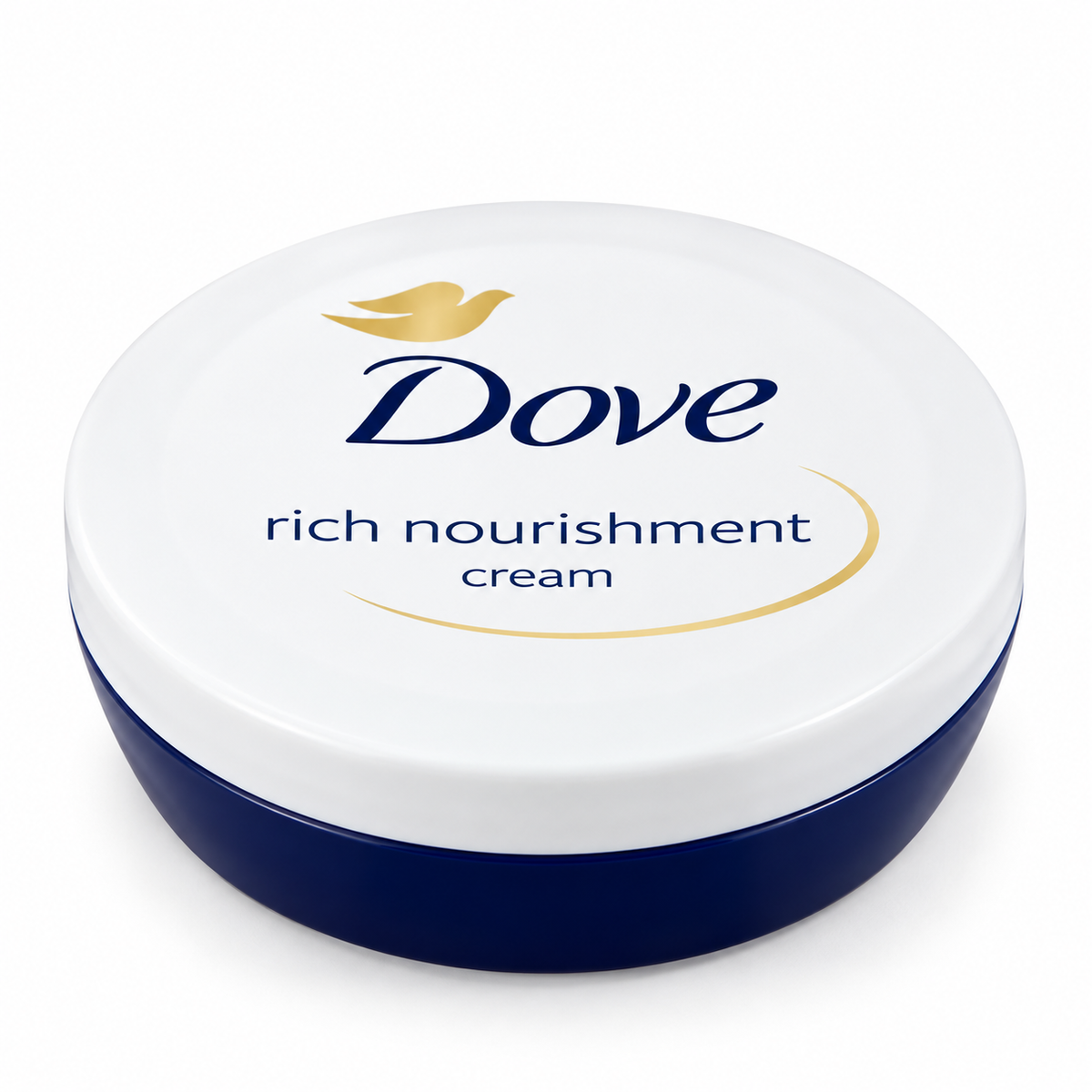 Dove Body Love Rich Nourishment Cream 75ml round cosmetic tub featuring a smooth white lid, deep navy-blue container base, iconic Dove logo in dark blue lettering, golden dove emblem, and elegant gold curved detailing around the Rich Nourishment Cream label. Displayed against a clean white background, highlighting the moisturising body cream in its compact packaging for everyday skincare and soft, nourished-feeling skin.