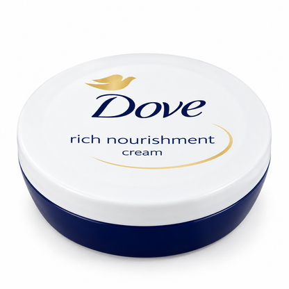 Dove Body Love Rich Nourishment Cream 75ml round cosmetic tub featuring a smooth white lid, deep navy-blue container base, iconic Dove logo in dark blue lettering, golden dove emblem, and elegant gold curved detailing around the Rich Nourishment Cream label. Displayed against a clean white background, highlighting the moisturising body cream in its compact packaging for everyday skincare and soft, nourished-feeling skin.