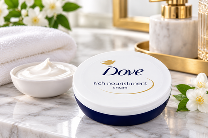 Dove Body Love Rich Nourishment Cream 75ml white and navy-blue cosmetic tub displayed on a polished marble bathroom countertop, featuring the classic Dove logo, gold dove emblem, and Rich Nourishment Cream lettering. A small white bowl of creamy moisturiser, folded white towels, delicate white flowers, green leaves, and elegant gold bathroom accessories create a bright, luxurious spa-inspired setting, showcasing the body cream as part of a daily moisturising and personal care routine.