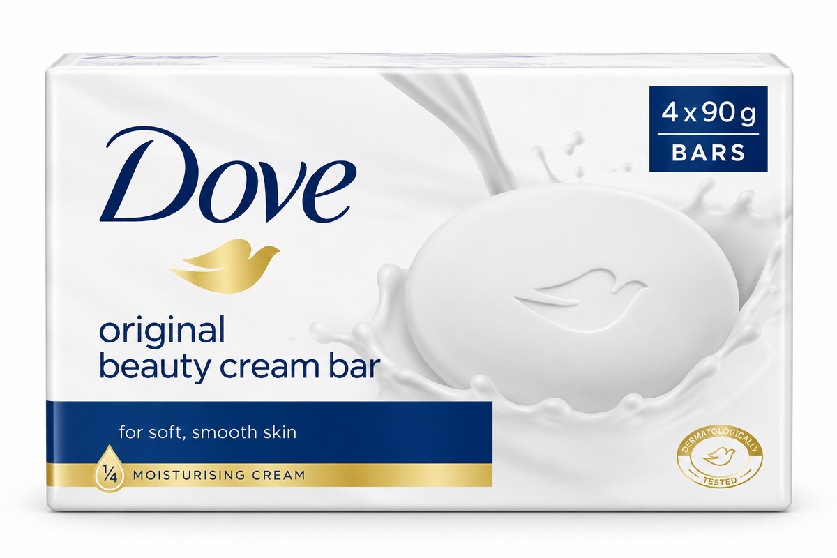 Dove Original Beauty Cream Bar 4-pack of 90g bars in white packaging with navy blue Dove branding, gold accents and a white soap bar design.