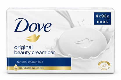 Dove Original Beauty Cream Bar 4-pack of 90g bars in white packaging with navy blue Dove branding, gold accents and a white soap bar design.