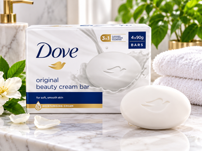Dove Original Beauty Cream Bar 4-pack displayed on a marble bathroom counter beside a white Dove soap bar, soft white towels, white flowers and green leaves in a bright, elegant bathroom setting.
