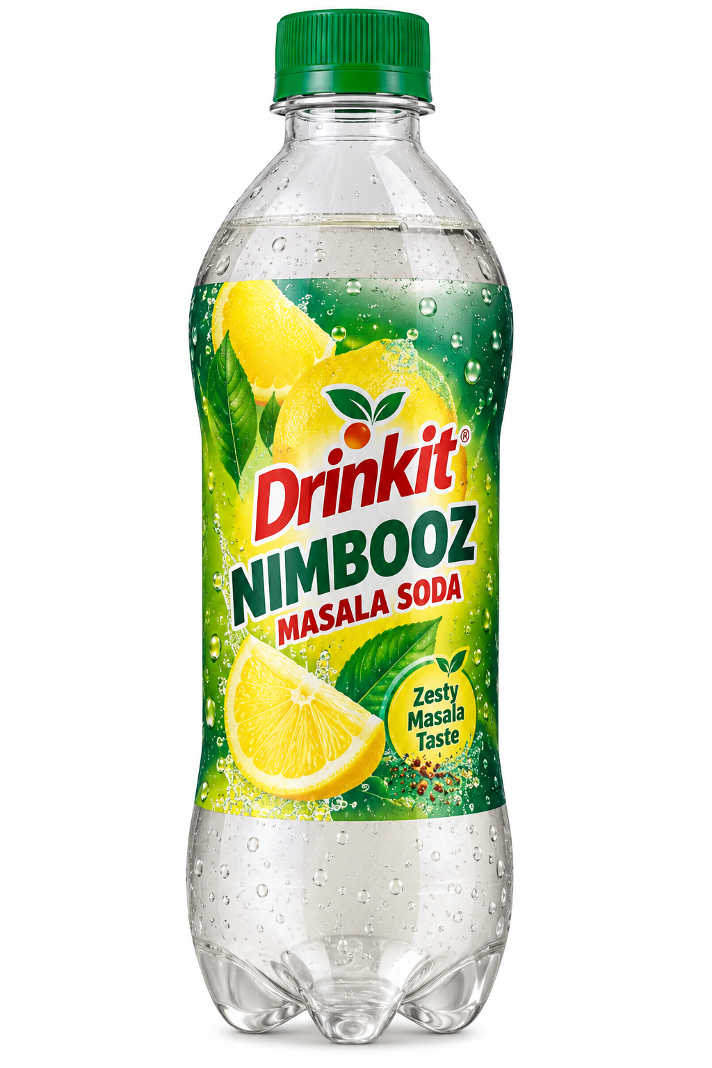 Drinkit Nimbooz Masala Soda 600ml plastic bottle featuring a green cap, green and yellow lemon-themed label, fresh lemon slices, and masala soda branding.