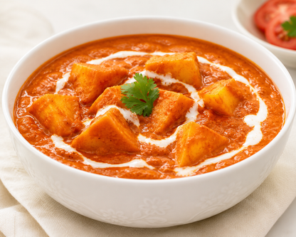 A white ceramic bowl filled with a rich orange-red curry or stew, topped with cubed potatoes, a swirl of white cream, and a small green cilantro garnish, set on a light beige cloth.