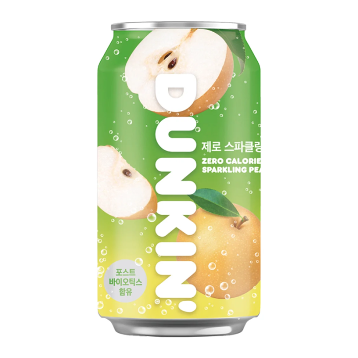 DUNKIN Zero Sparkling Pear 350 ml can, sugar-free sparkling soda with crisp pear flavor.