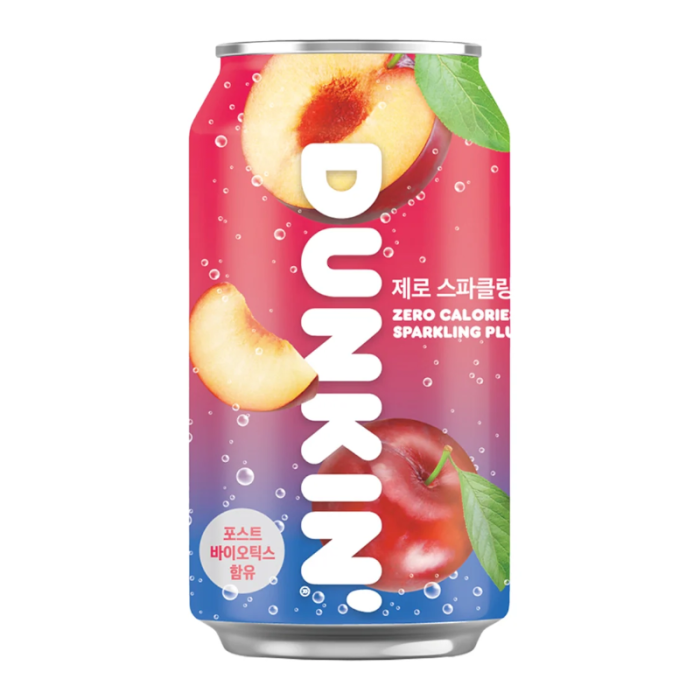 DUNKIN Zero Sparkling Plum 350 ml can, sugar-free sparkling soda with sweet-tart plum flavor.