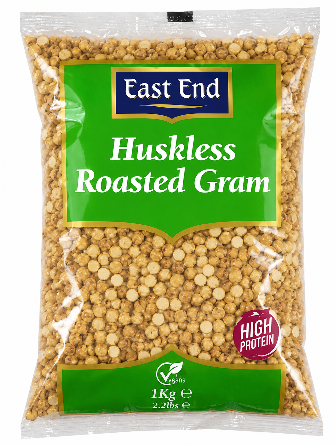 A 1kg bag of East End Huskless Roasted Gram (chickpeas) on a white background. The product is packaged in a clear plastic bag with a prominent green label featuring the East End brand logo.