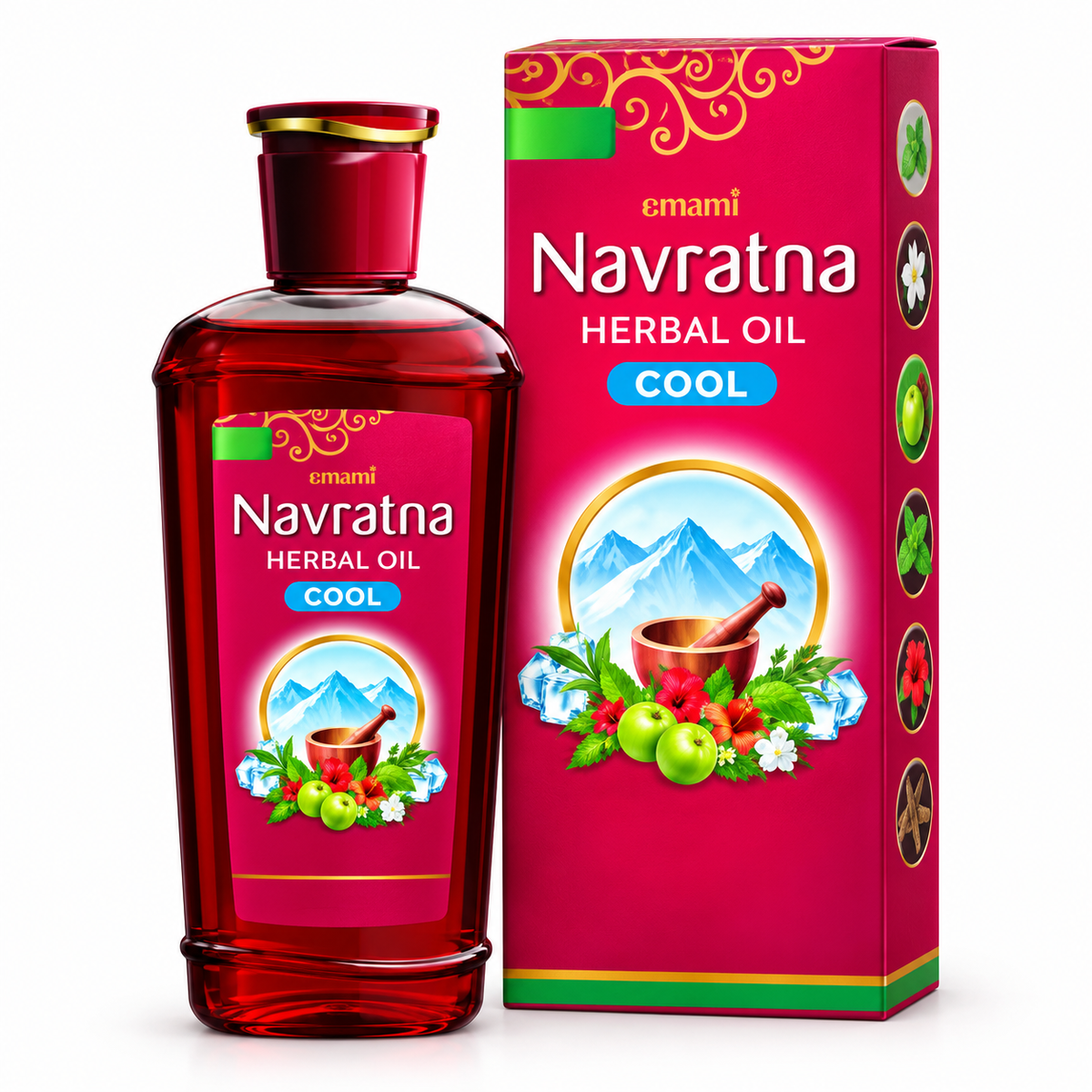 Emami Navratna Herbal Oil Cool 200ml featuring a deep red oil bottle with a matching magenta carton, gold decorative patterns, the Emami Navratna logo, a blue Cool label, and colourful illustrations of herbal ingredients, green leaves, flowers, ice cubes, and mountain scenery. Displayed upright against a clean white background, highlighting Navratna cooling herbal hair oil for scalp massage and a refreshing hair-care routine.