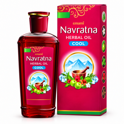 Emami Navratna Herbal Oil Cool 200ml featuring a deep red oil bottle with a matching magenta carton, gold decorative patterns, the Emami Navratna logo, a blue Cool label, and colourful illustrations of herbal ingredients, green leaves, flowers, ice cubes, and mountain scenery. Displayed upright against a clean white background, highlighting Navratna cooling herbal hair oil for scalp massage and a refreshing hair-care routine.