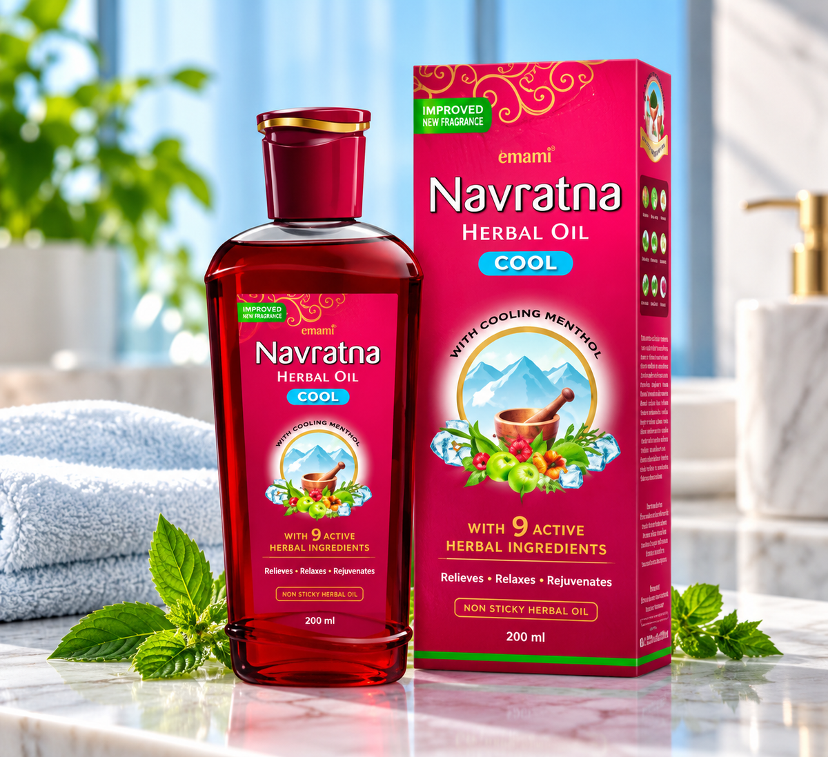Emami Navratna Herbal Oil Cool 200ml bottle and matching red-magenta packaging displayed on a marble countertop with fresh green leaves and a soft towel in a bright, spa-inspired setting. Featuring the Navratna Herbal Oil branding and blue Cool label, this lifestyle image highlights the cooling herbal hair oil for a refreshing scalp massage and everyday hair-care routine.