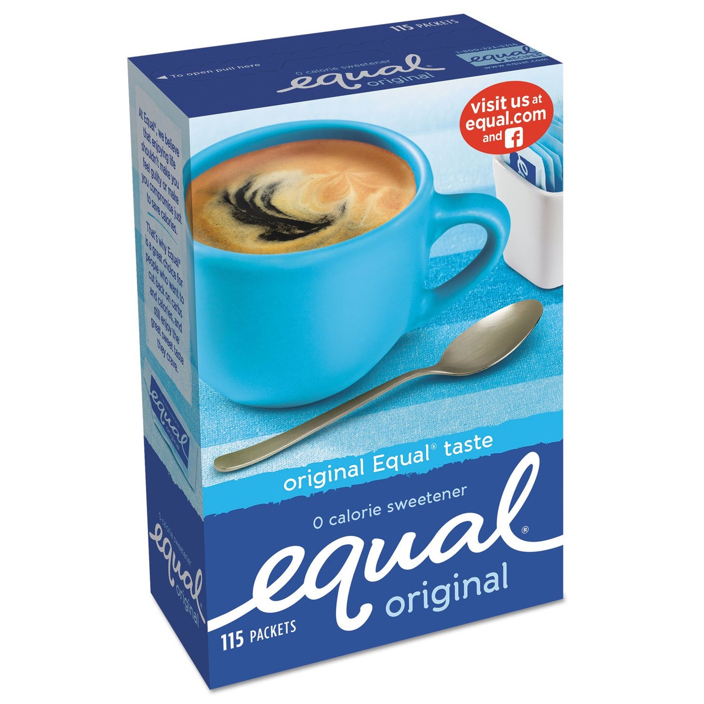 Equal 0 Calorie Sweetener 115 Count tablets, a convenient low-calorie sugar substitute for sweetening tea, coffee and other hot or cold drinks without added sugar.