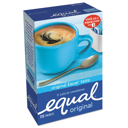 Equal 0 Calorie Sweetener 115 Count tablets, a convenient low-calorie sugar substitute for sweetening tea, coffee and other hot or cold drinks without added sugar.
