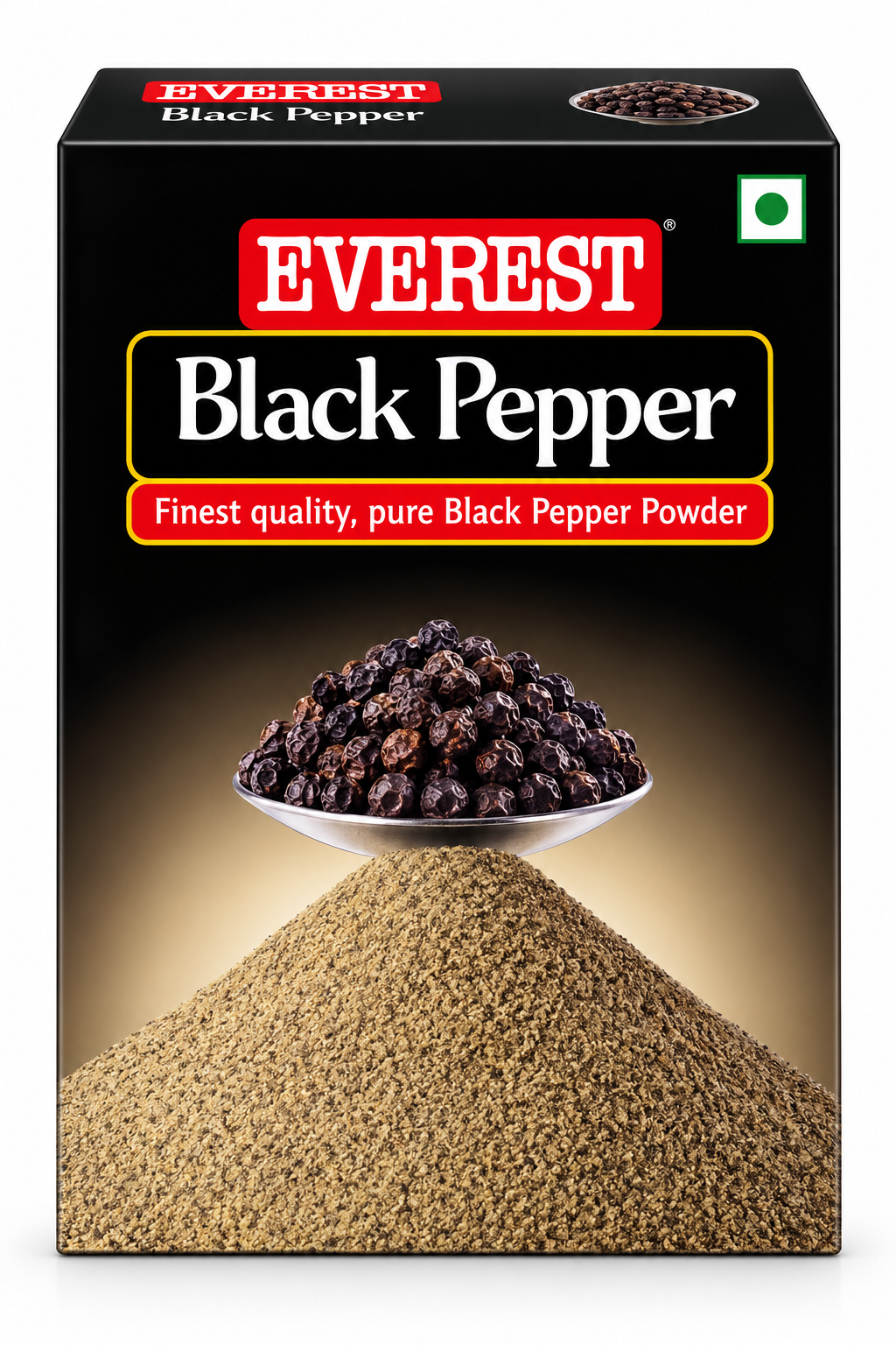 Everest Black Pepper Powder 100g single pack featuring black packaging, the red Everest logo, and an image of ground black pepper topped with whole black peppercorns.