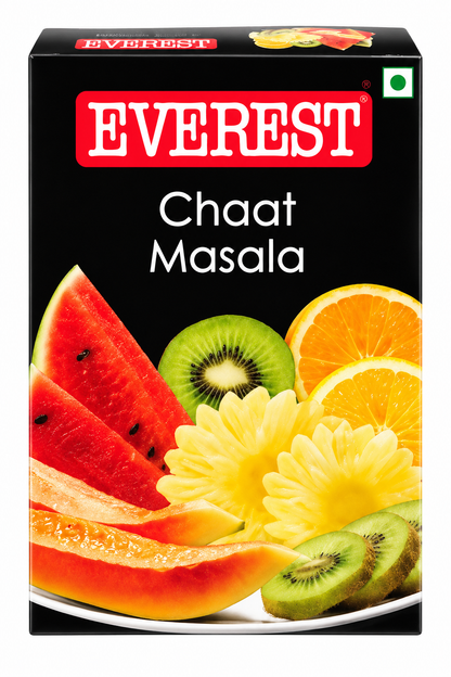 Everest Chaat Masala spice mix packet featuring the iconic red Everest logo on black packaging, white Chaat Masala lettering, and colorful fruit illustrations including watermelon, kiwi, orange, and papaya. This front-facing product image clearly showcases the Everest Chaat Masala packaging, suitable online shoppers looking for Indian chaat seasoning.