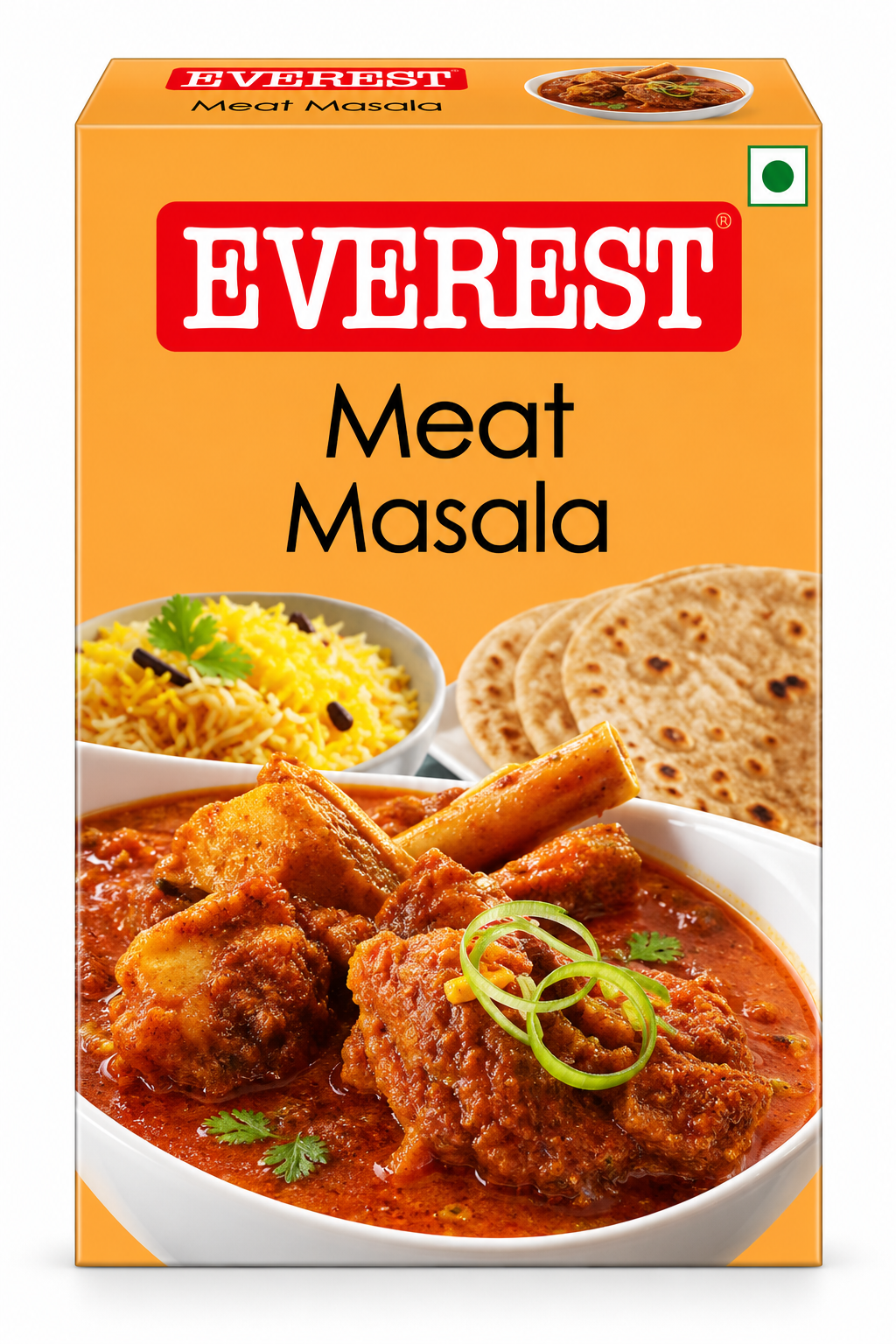 Everest Meat Masala 100g spice packet featuring orange packaging, the red Everest logo, and an image of meat curry garnished with green herbs, served with rice and flatbread.