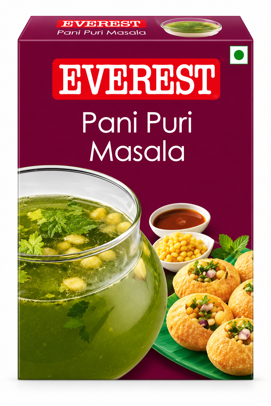 Everest Pani Puri Masala 100g spice packet featuring deep maroon packaging, the red Everest logo, and images of green mint water, crispy pani puri, chutney and savoury toppings.
