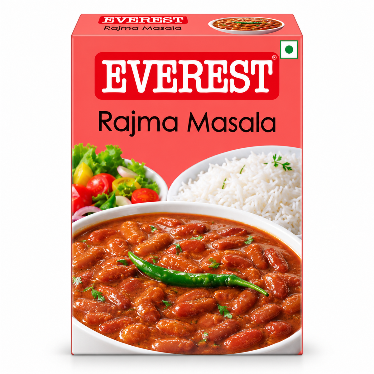 Everest Rajma Masala 100g single pack featuring coral-red packaging, the Everest logo and an image of rajma curry with rice and vegetables.