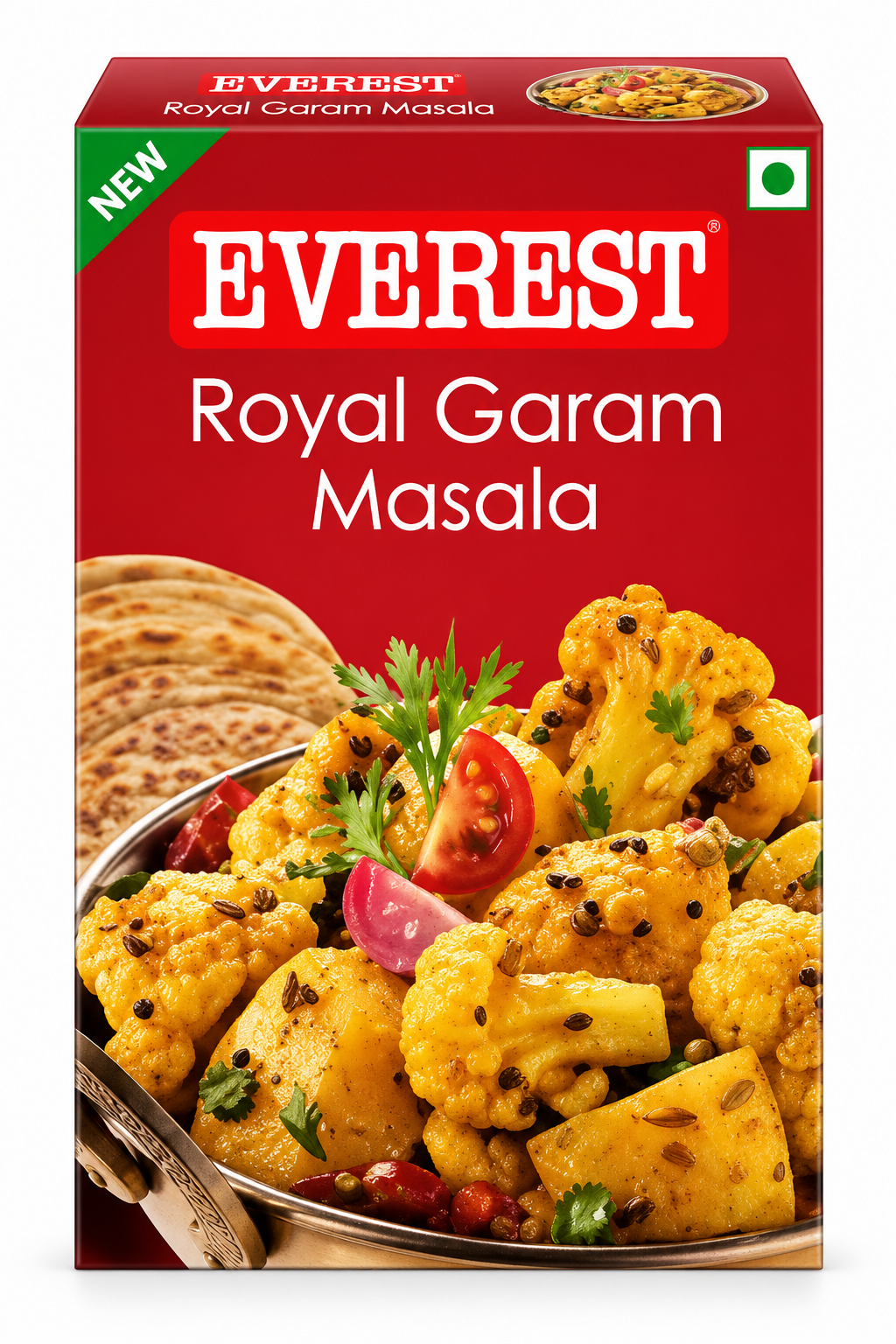Everest Royal Garam Masala 100g single pack featuring red packaging, the Everest logo, and an image of golden spiced vegetables garnished with fresh coriander, served with flatbread.