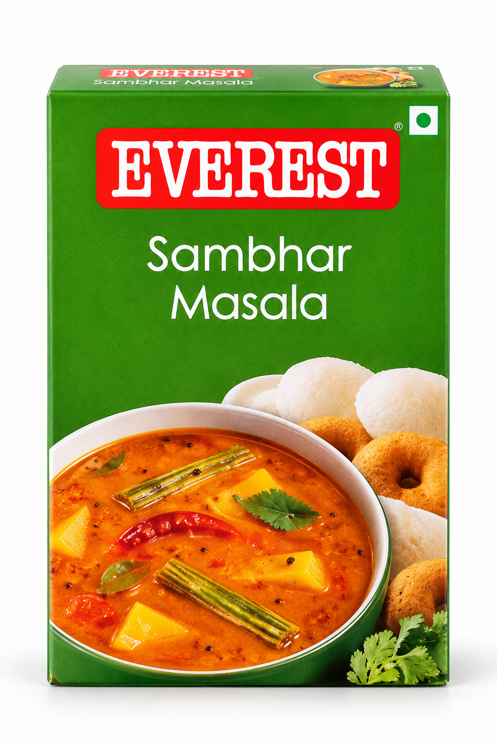 Everest Sambhar Masala 100g single pack in green packaging featuring the red Everest logo, a bowl of sambar and traditional South Indian accompaniments, displayed against a clean white background.