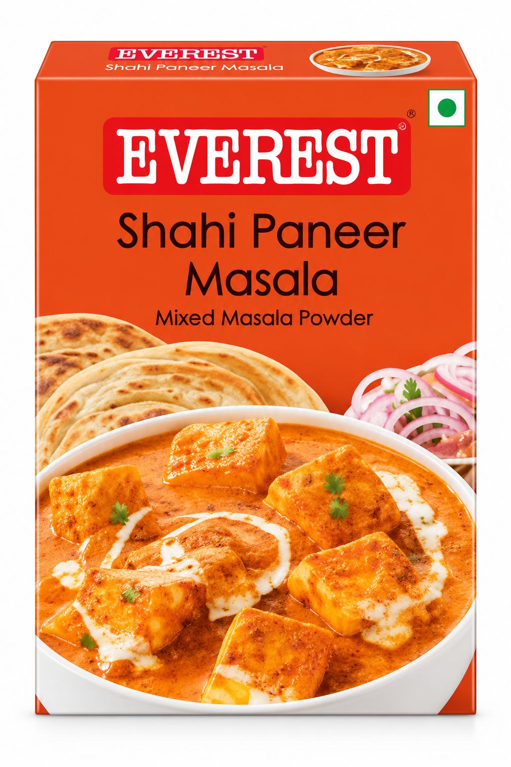Everest Shahi Paneer Masala 100g single pack featuring orange-red packaging, the red Everest logo, and an image of creamy paneer curry garnished with coriander and served with naan bread.