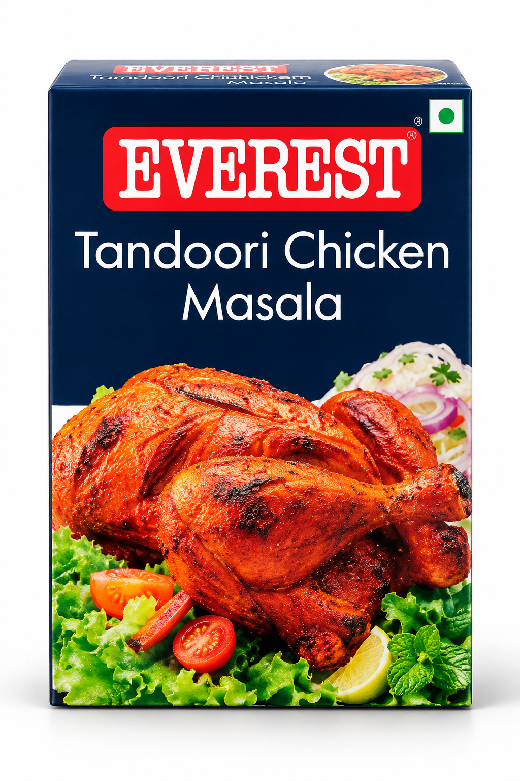 Everest Tandoori Chicken Masala 100g single pack in dark blue packaging featuring the red Everest logo and an image of roasted tandoori chicken with fresh herbs and vegetables, displayed against a clean white background.