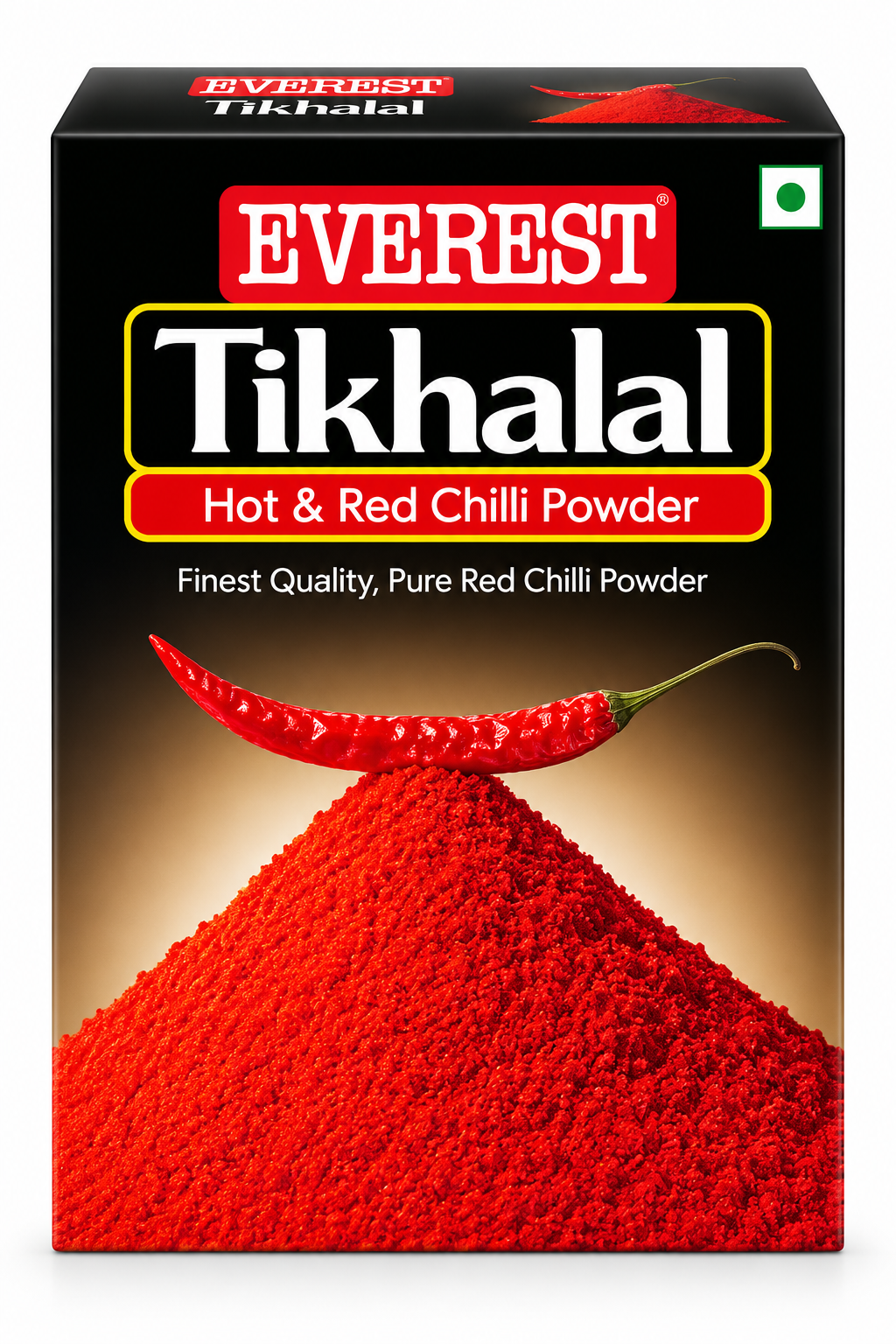 Everest Tikhalal Chilli Powder 100g single pack featuring black packaging, the red Everest logo, and vibrant red chilli powder with a red chilli illustration.