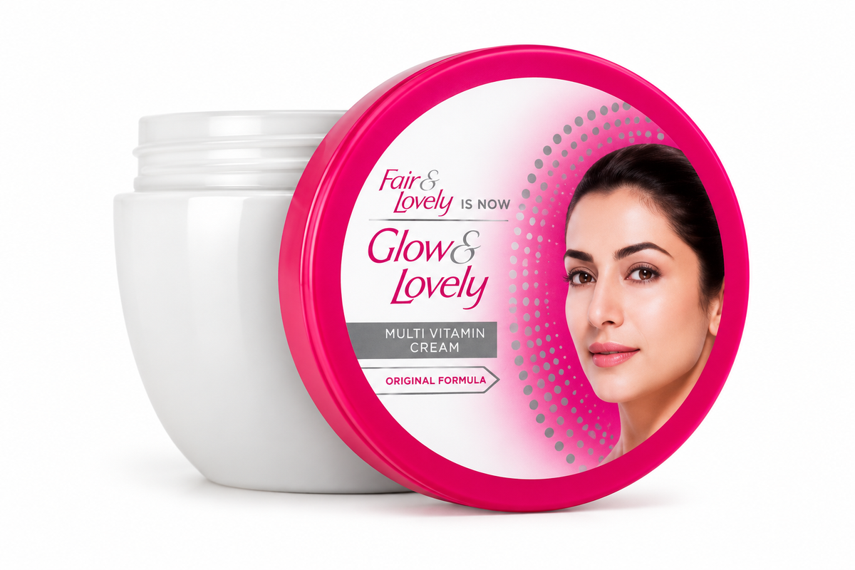 Fair & Lovely Glow & Lovely Multi Vitamin Cream 70g jar with a white container, bright pink lid, gold and pink branding, and a woman's portrait on the packaging.