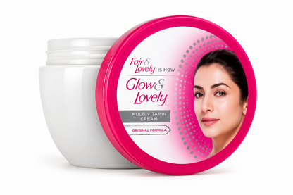 Fair & Lovely Glow & Lovely Multi Vitamin Cream 70g jar with a white container, bright pink lid, gold and pink branding, and a woman's portrait on the packaging.