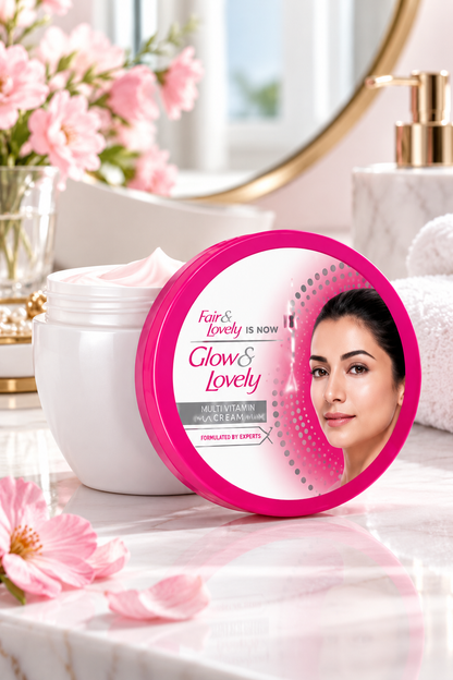Glow & Lovely Multi Vitamin Cream 70g jar displayed on a marble vanity with a pink lid, soft pink flowers, a white towel and elegant gold bathroom accessories.