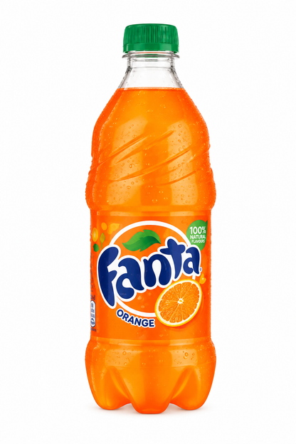 Fanta Orange 250ml plastic bottle with green cap, orange fizzy drink and colourful Fanta Orange label against a clean white background.