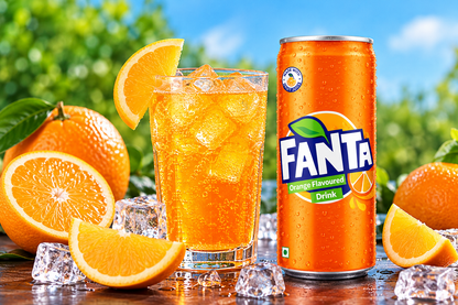 Fanta Orange 300ml can beside a glass of chilled orange fizzy drink with ice cubes, fresh orange slices and citrus fruit.