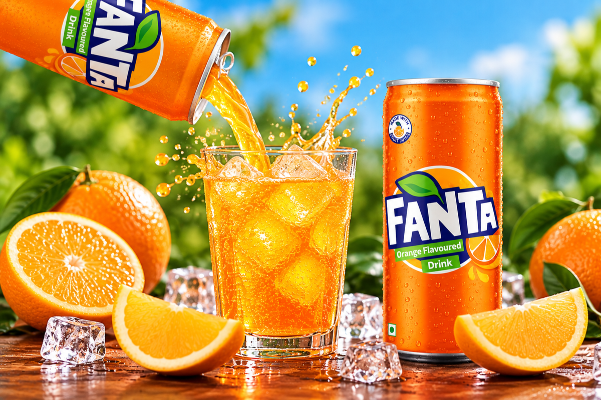 Fanta Orange soft drink being poured from an orange can into an ice-filled glass, surrounded by fresh oranges, citrus slices and sparkling droplets.