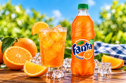 Fanta Orange 250ml plastic bottle beside a glass of chilled orange soda with ice cubes, fresh orange slices and citrus fruit.