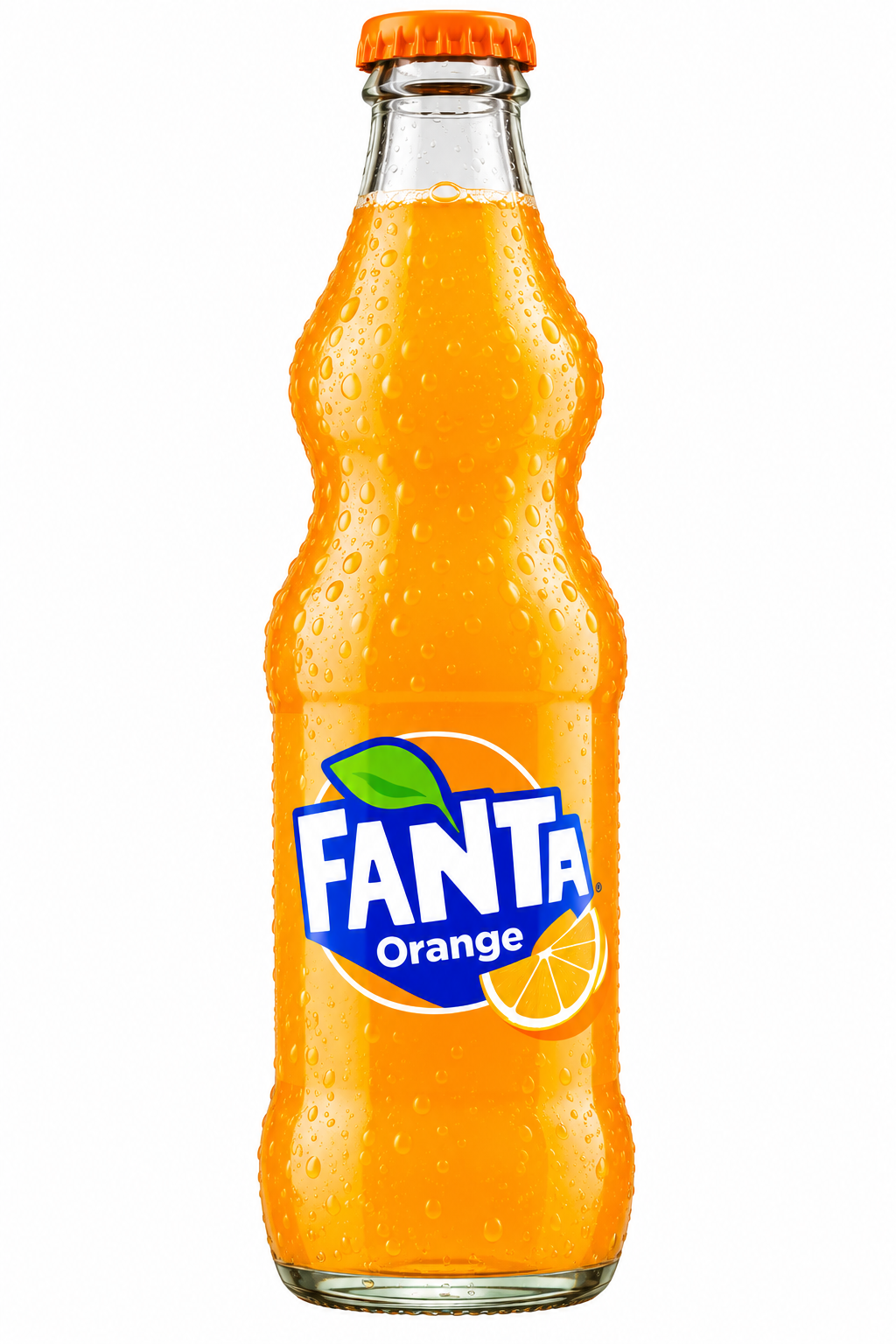 Fanta Orange fizzy soft drink in a clear glass bottle with orange cap and branded label on a clean white background.