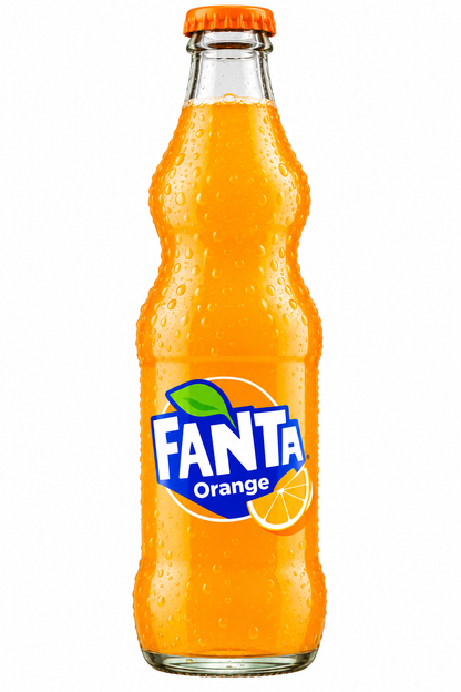 Fanta Orange fizzy soft drink in a clear glass bottle with orange cap and branded label on a clean white background.