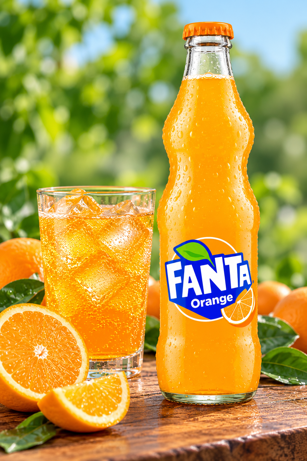 Fanta Orange bottle beside a glass of chilled orange fizzy drink with ice cubes, fresh orange slices and green leaves.