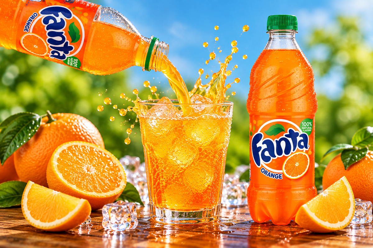 Fanta Orange fizzy drink being poured into an ice-filled glass beside a chilled orange bottle, fresh oranges and citrus slices.