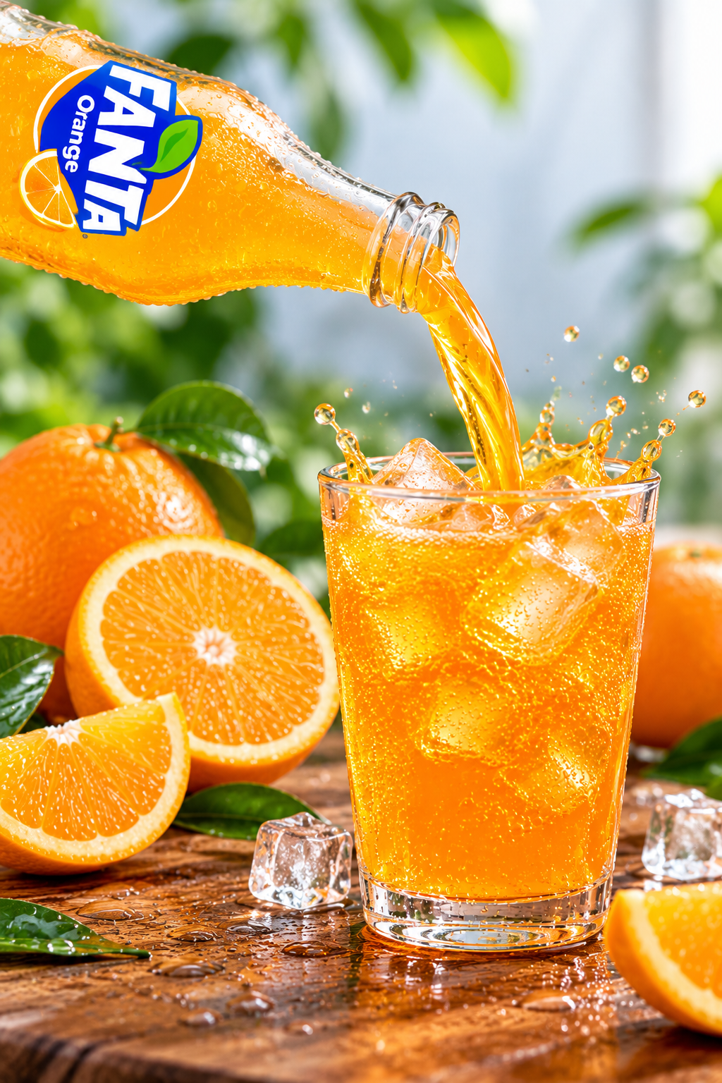 Fanta Orange soft drink being poured from a glass bottle into an ice-filled glass, surrounded by fresh oranges and citrus slices.