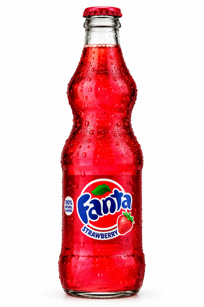 Fanta Strawberry fizzy soft drink in a red glass bottle with a matching red cap and branded strawberry label on a clean white background.