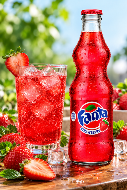 Fanta Strawberry red glass bottle beside a glass of chilled strawberry-flavoured fizzy drink with ice cubes and fresh strawberries.