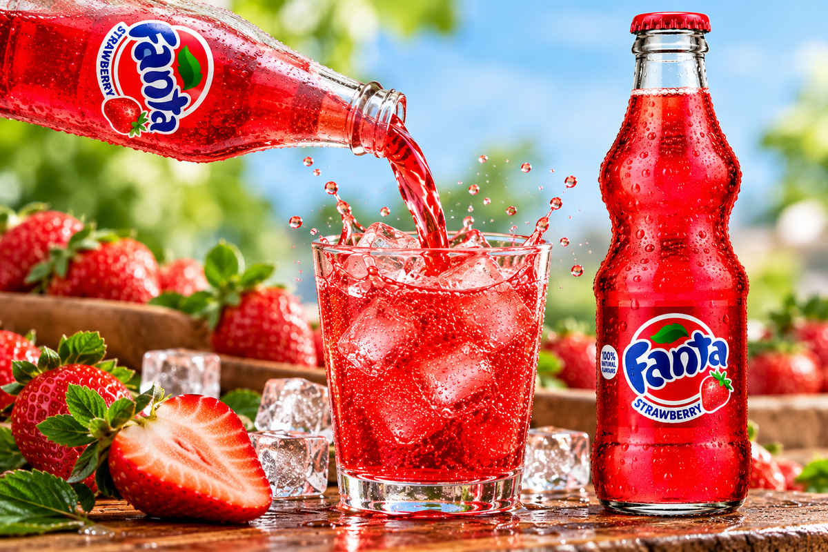 Fanta Strawberry fizzy drink being poured from a red glass bottle into an ice-filled glass, surrounded by fresh strawberries and sparkling red liquid splashes.
