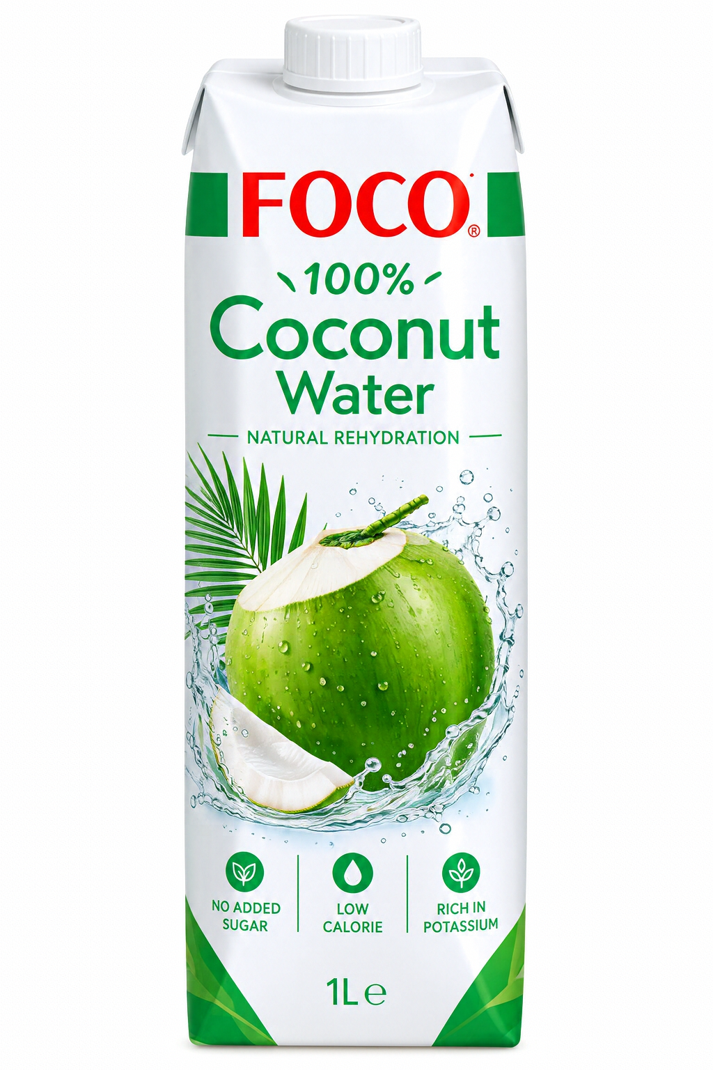 FOCO Coconut Water 1L carton featuring white and green packaging, a white screw cap, fresh green coconut imagery, palm leaves, water splashes, and red FOCO branding.