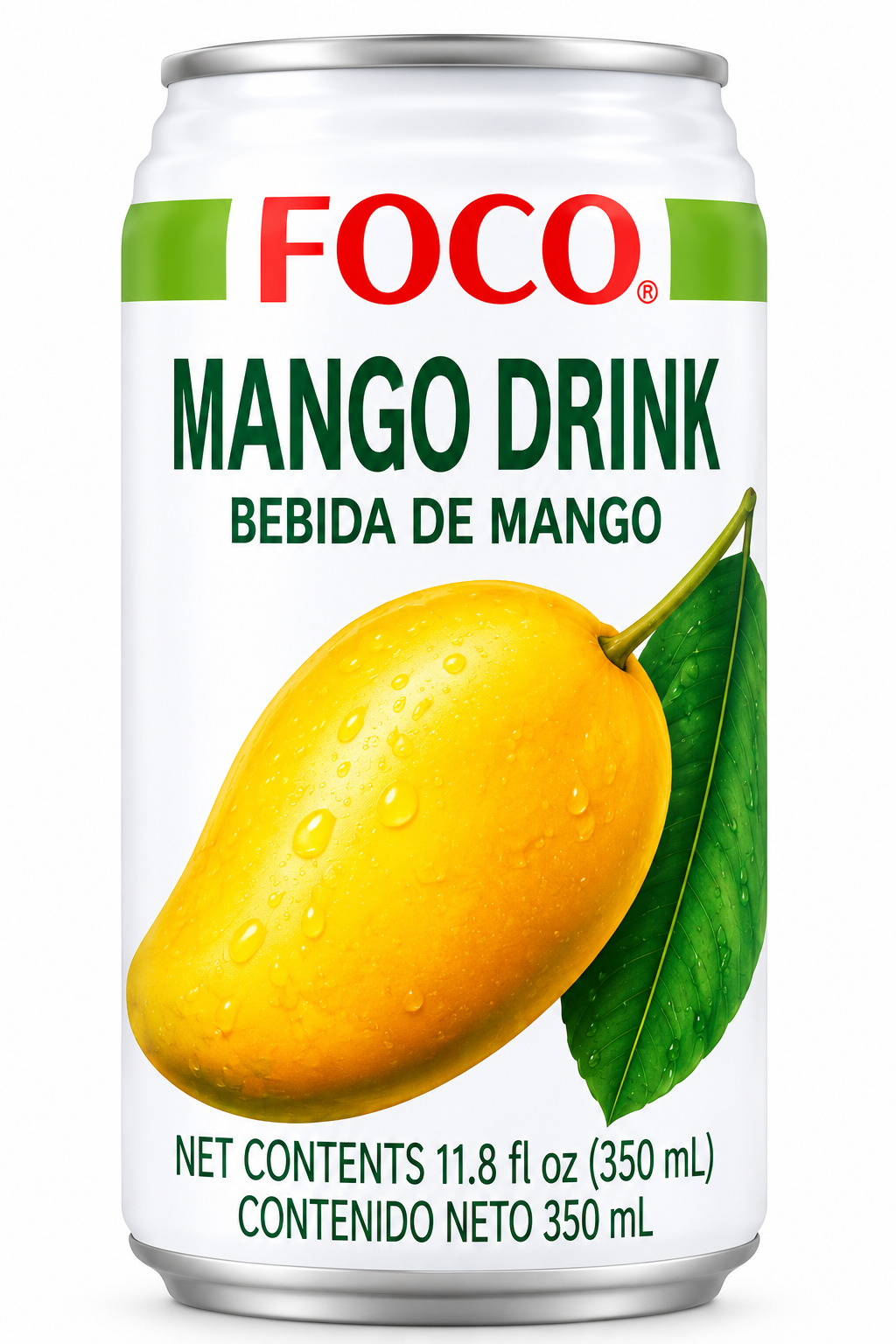 FOCO Mango Juice Drink 350ml can featuring white packaging, red FOCO branding, a ripe yellow mango, and fresh green leaves.
