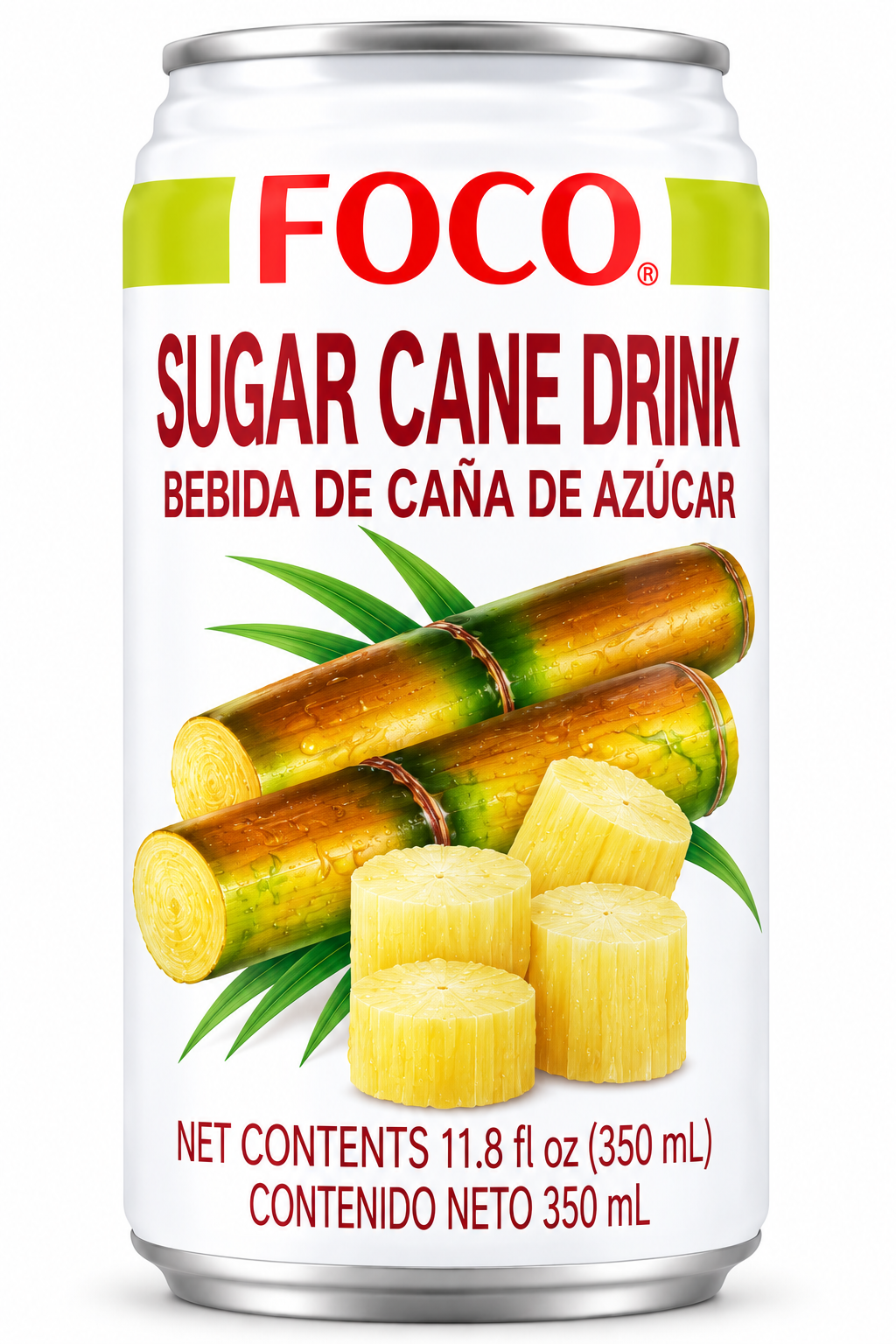 FOCO Sugarcane Juice Drink 350ml can featuring white packaging, red FOCO branding, fresh sugarcane stalks, cut sugarcane pieces, and green leaves.