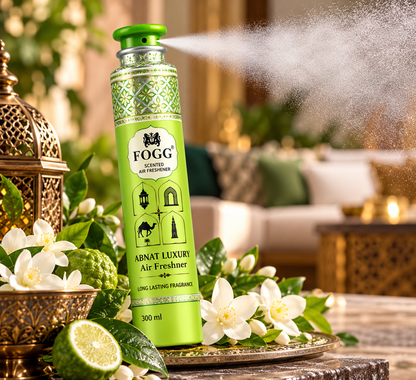 FOGG Abnat Luxury air freshener 300ml green can spraying a fine fragrance mist beside white flowers, fresh green leaves and decorative lanterns in an elegant interior.