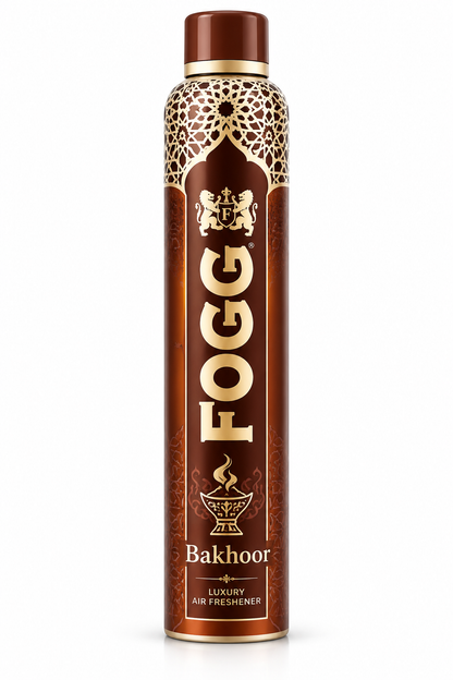 FOGG Bakhoor Luxury Air Freshener 300ml bronze-brown aerosol can with an ornate gold pattern, decorative Arabian-inspired design and brown cap, displayed upright on a clean white background.