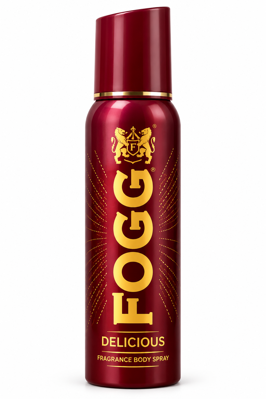 FOGG Delicious fragrance body spray 120ml in a burgundy red can with gold lettering on a white background.