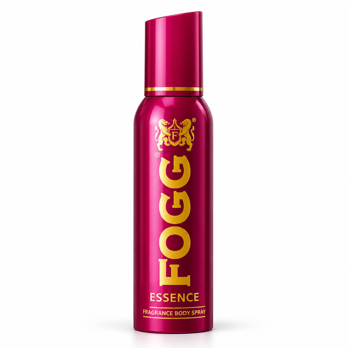 FOGG Essence 120ml body spray in a metallic magenta can with gold lettering on a white background