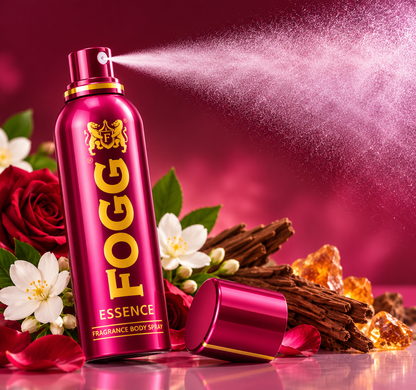 FOGG Essence 120ml magenta body spray releasing a fine fragrance mist with red roses, white flowers and a luxurious pink background.